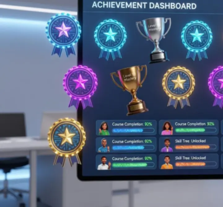 Achievement badges representing progress and mastery in the English Learning Hub game