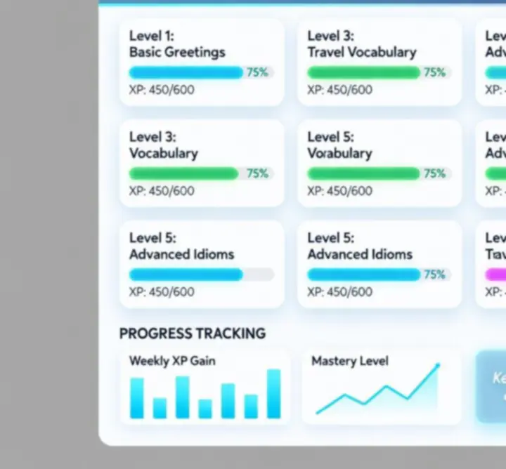 Interface mock-up showing gamified English learning levels and progress