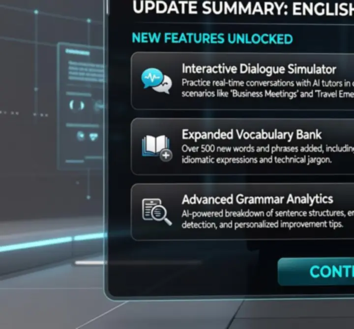 Screenshot of English Learning Hub game update with new interface elements
