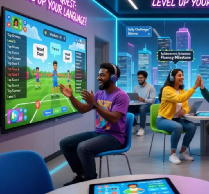 Gamified English learning interface with levels and progress