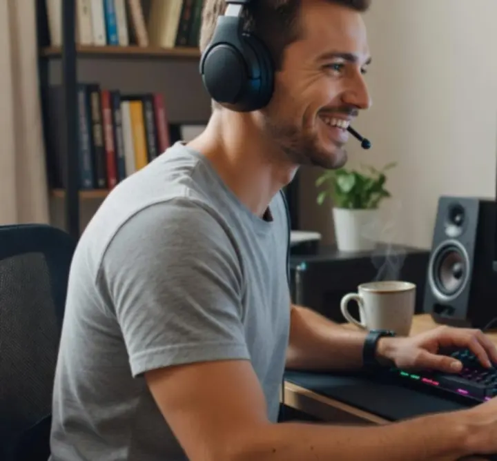 Player at a gaming-style workstation using English Learning Hub on a monitor