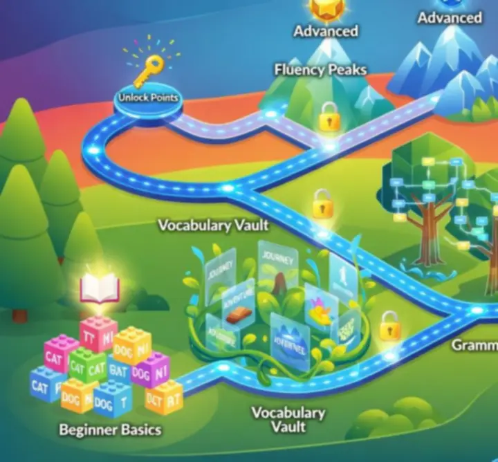 Illustrated level progression map showing the English Learning Hub journey from beginner to advanced stages
