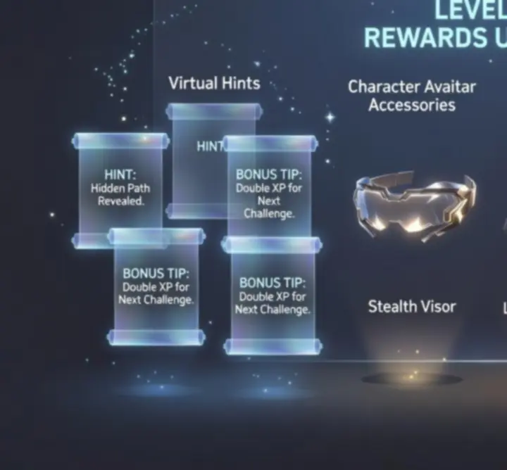 Level-up rewards and unlocks such as avatar items, hints, and bonus content in English Learning Hub