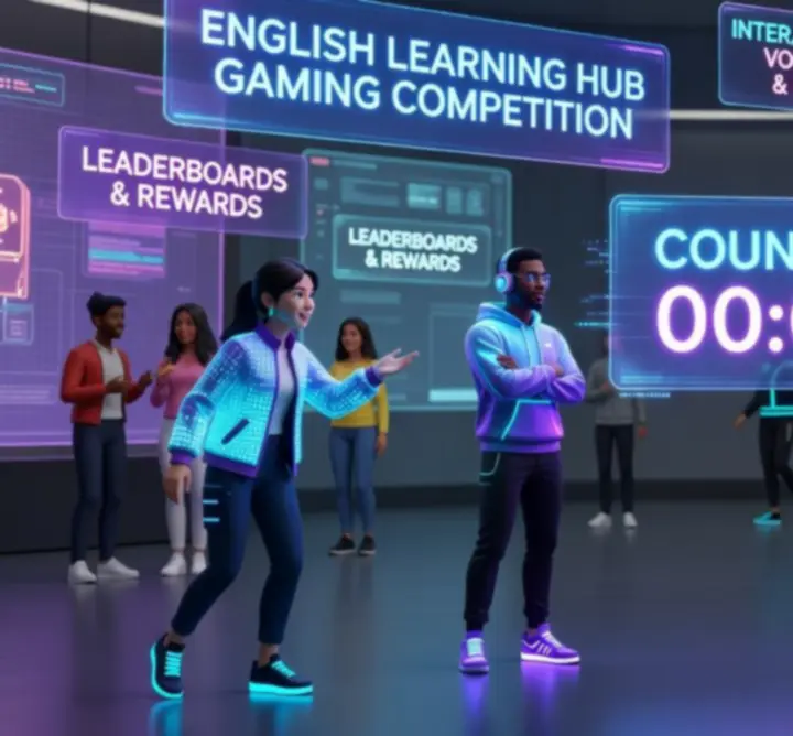 Virtual lobby interface displaying upcoming English Learning Hub tournaments