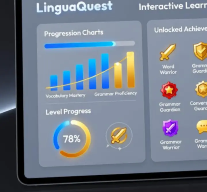 Progress dashboard in English Learning Hub showing level, XP, and skill charts