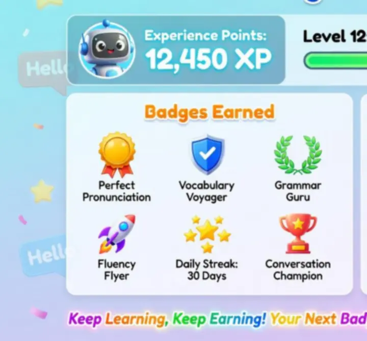 Illustration of a gamified progress tracking dashboard for English Learning Hub showing levels, XP bars, and badges.