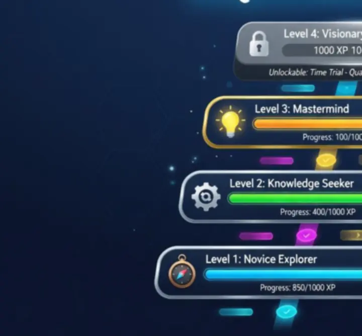 Interface mockup of the English Learning Hub progression system with levels and XP meters