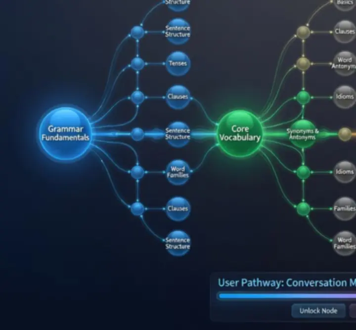 Skill tree interface showing branches for grammar, vocabulary, listening, and conversation skills