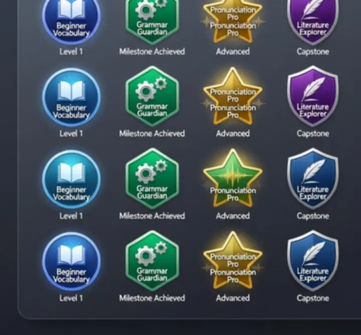 Collection of unlockable achievement badges for English Learning Hub levels